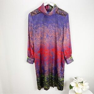 Etcetera Silk High Neck Multi Color Abstract Print Dress Long Sleeve Size 12